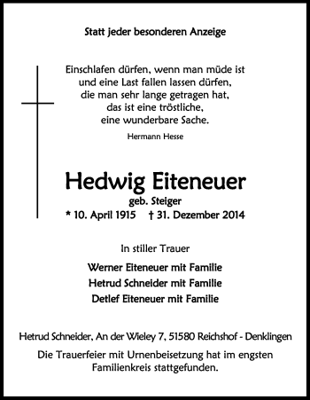 Anzeige von Hedwig Eiteneuer von Kölner Stadt-Anzeiger / Kölnische Rundschau / Express