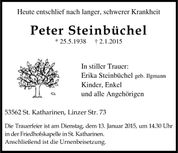 Anzeige von Peter Steinbüchel von Kölner Stadt-Anzeiger / Kölnische Rundschau / Express