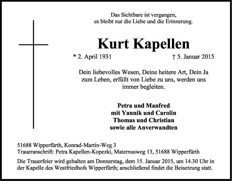  Traueranzeige für Kurt Kapellen vom 07.01.2015 aus Kölner Stadt-Anzeiger / Kölnische Rundschau / Express