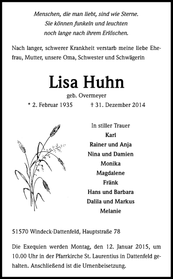 Anzeige von Lisa Huhn von Kölner Stadt-Anzeiger / Kölnische Rundschau / Express