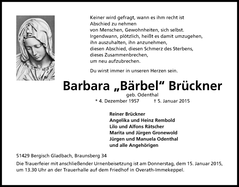  Traueranzeige für Barbara Brückner vom 09.01.2015 aus Kölner Stadt-Anzeiger / Kölnische Rundschau / Express