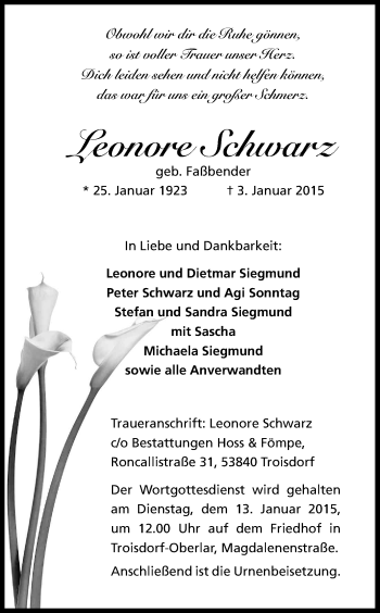 Anzeige von Leonore Schwarz von Kölner Stadt-Anzeiger / Kölnische Rundschau / Express