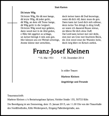 Anzeige von Franz-Josef Kleinen von Kölner Stadt-Anzeiger / Kölnische Rundschau / Express