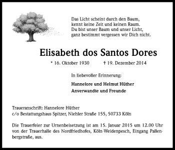 Anzeige von Elisabeth dos Santos Dores von Kölner Stadt-Anzeiger / Kölnische Rundschau / Express