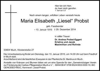 Anzeige von Maria Elisabeth Probst von Kölner Stadt-Anzeiger / Kölnische Rundschau / Express