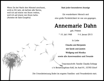 Anzeige von Annemarie Dahn von Kölner Stadt-Anzeiger / Kölnische Rundschau / Express