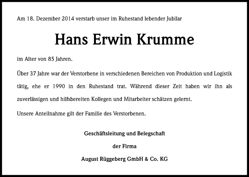  Traueranzeige für Hans Erwin Krumme vom 07.01.2015 aus Kölner Stadt-Anzeiger / Kölnische Rundschau / Express