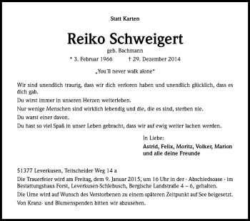 Anzeige von Reiko Schweigert von Kölner Stadt-Anzeiger / Kölnische Rundschau / Express