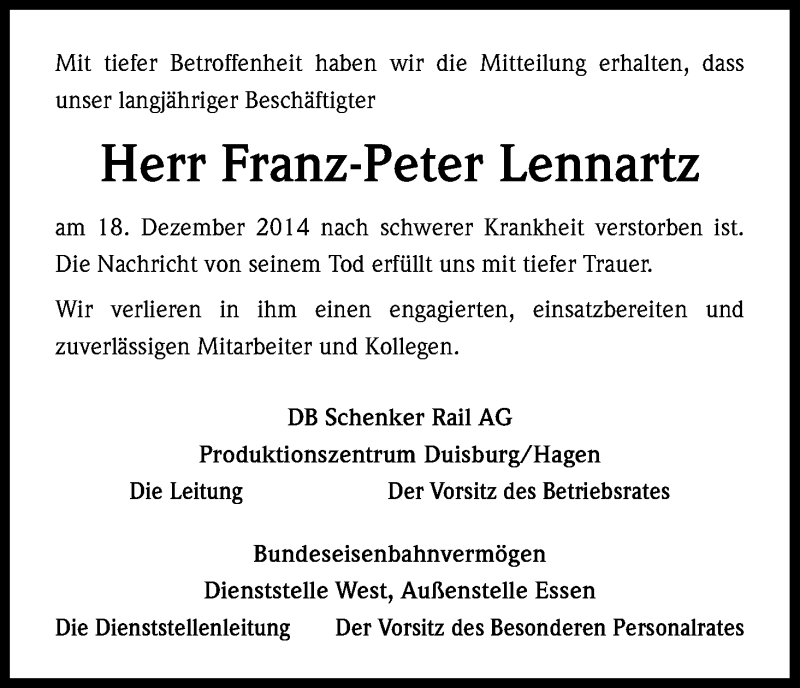  Traueranzeige für Franz-Peter Lennartz vom 07.01.2015 aus Kölner Stadt-Anzeiger / Kölnische Rundschau / Express