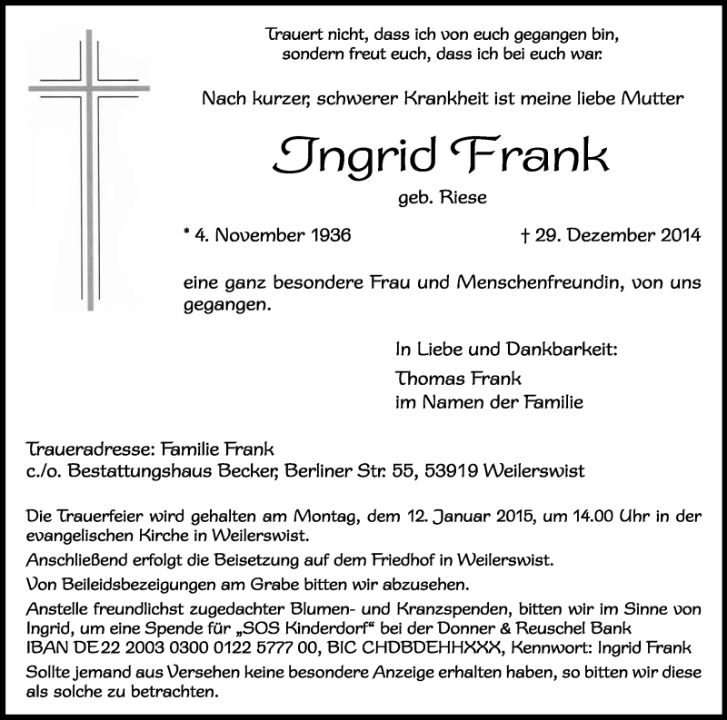  Traueranzeige für Ingrid Frank vom 07.01.2015 aus Kölner Stadt-Anzeiger / Kölnische Rundschau / Express