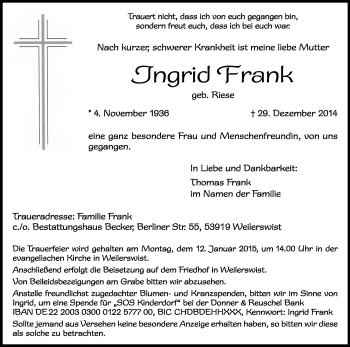 Anzeige von Ingrid Frank von Kölner Stadt-Anzeiger / Kölnische Rundschau / Express