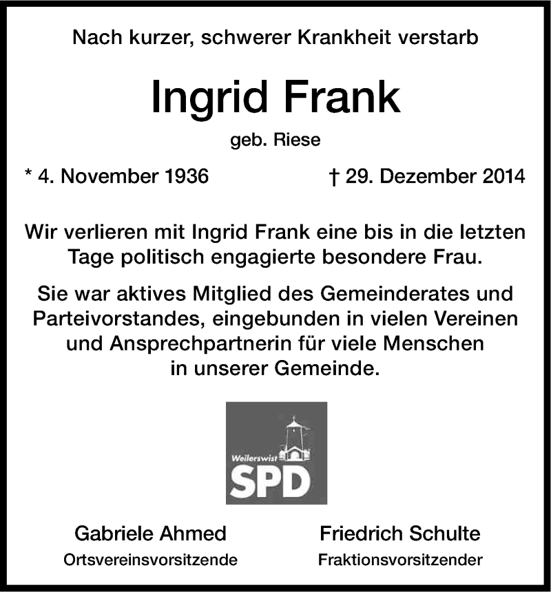 Traueranzeige für Ingrid Frank vom 07.01.2015 aus Kölner Stadt-Anzeiger / Kölnische Rundschau / Express