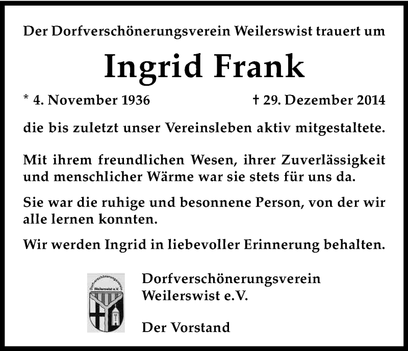  Traueranzeige für Ingrid Frank vom 07.01.2015 aus Kölner Stadt-Anzeiger / Kölnische Rundschau / Express