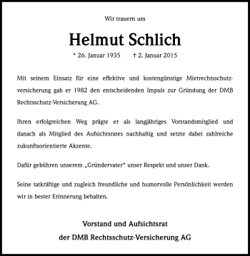 Anzeige von Helmut Schlich von Kölner Stadt-Anzeiger / Kölnische Rundschau / Express