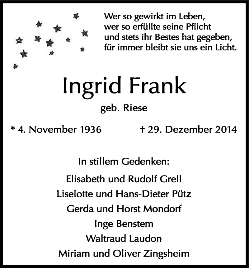  Traueranzeige für Ingrid Frank vom 07.01.2015 aus Kölner Stadt-Anzeiger / Kölnische Rundschau / Express