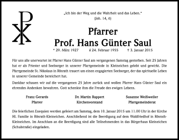 Anzeige von Hans Günter Saul von Kölner Stadt-Anzeiger / Kölnische Rundschau / Express
