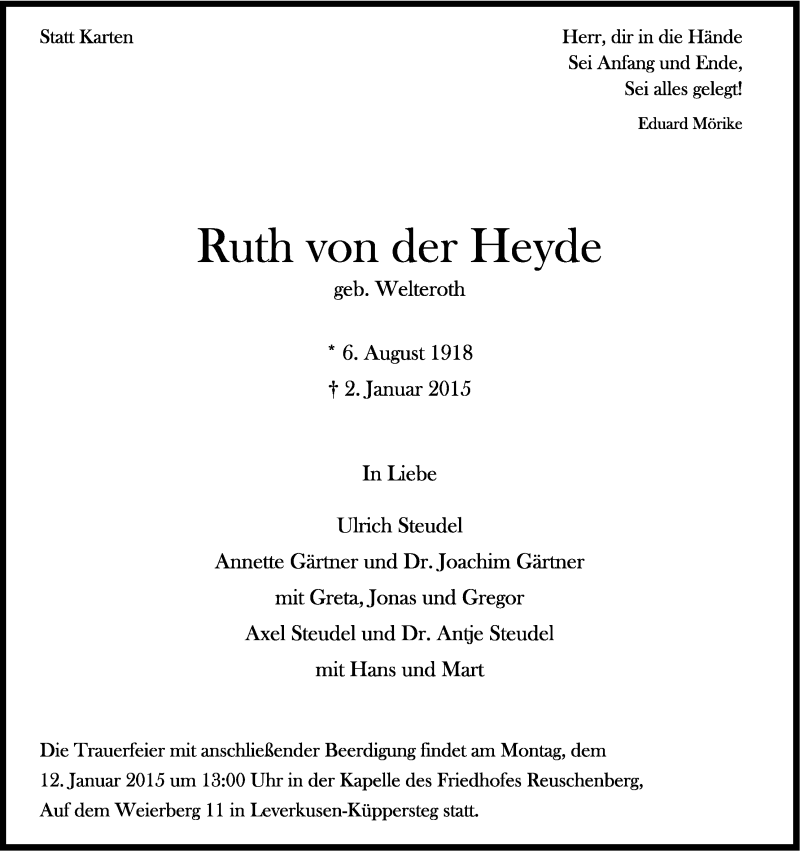 Traueranzeige für Ruth von der Heyde vom 07.01.2015 aus Kölner Stadt-Anzeiger / Kölnische Rundschau / Express