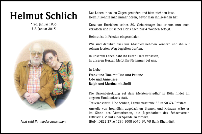  Traueranzeige für Helmut Schlich vom 10.01.2015 aus Kölner Stadt-Anzeiger / Kölnische Rundschau / Express