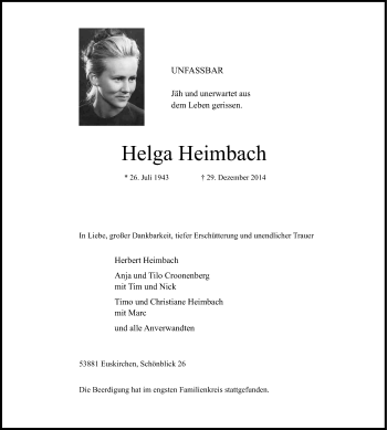 Anzeige von Helga Heimbach von Kölner Stadt-Anzeiger / Kölnische Rundschau / Express