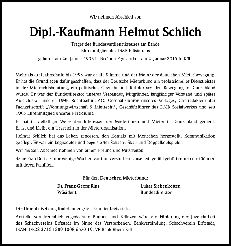  Traueranzeige für Helmut Schlich vom 10.01.2015 aus Kölner Stadt-Anzeiger / Kölnische Rundschau / Express