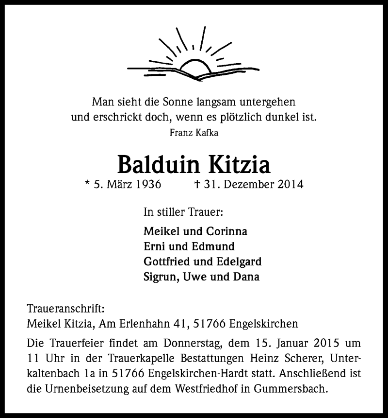  Traueranzeige für Balduin Kitzia vom 10.01.2015 aus Kölner Stadt-Anzeiger / Kölnische Rundschau / Express