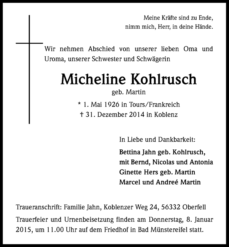  Traueranzeige für Micheline Kohlrusch vom 07.01.2015 aus Kölner Stadt-Anzeiger / Kölnische Rundschau / Express