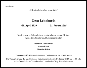 Anzeige von Gesa Lehnhardt von Kölner Stadt-Anzeiger / Kölnische Rundschau / Express