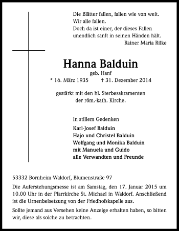 Anzeige von Hanna Balduin von Kölner Stadt-Anzeiger / Kölnische Rundschau / Express