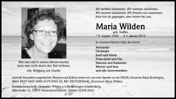 Anzeige von Maria Wilden von Kölner Stadt-Anzeiger / Kölnische Rundschau / Express