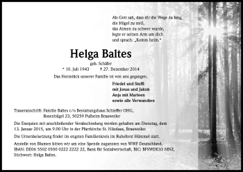 Anzeige von Helga Baltes von Kölner Stadt-Anzeiger / Kölnische Rundschau / Express
