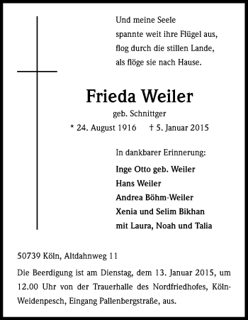 Anzeige von Frieda Weiler von Kölner Stadt-Anzeiger / Kölnische Rundschau / Express