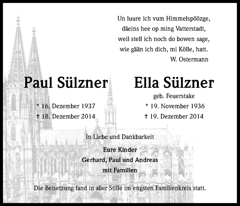  Traueranzeige für Paul und Ella Sülzner vom 10.01.2015 aus Kölner Stadt-Anzeiger / Kölnische Rundschau / Express