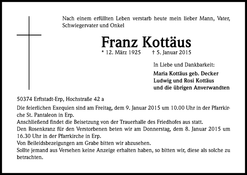  Traueranzeige für Franz Kottäus vom 08.01.2015 aus Kölner Stadt-Anzeiger / Kölnische Rundschau / Express