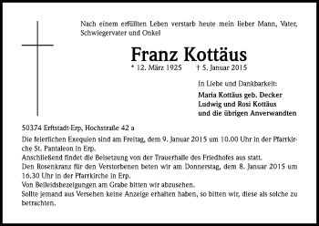 Anzeige von Franz Kottäus von Kölner Stadt-Anzeiger / Kölnische Rundschau / Express