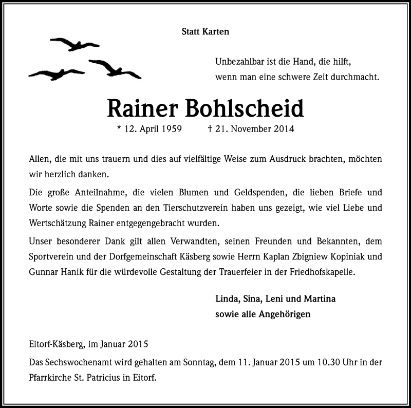  Traueranzeige für Rainer Bohlscheid vom 10.01.2015 aus Kölner Stadt-Anzeiger / Kölnische Rundschau / Express