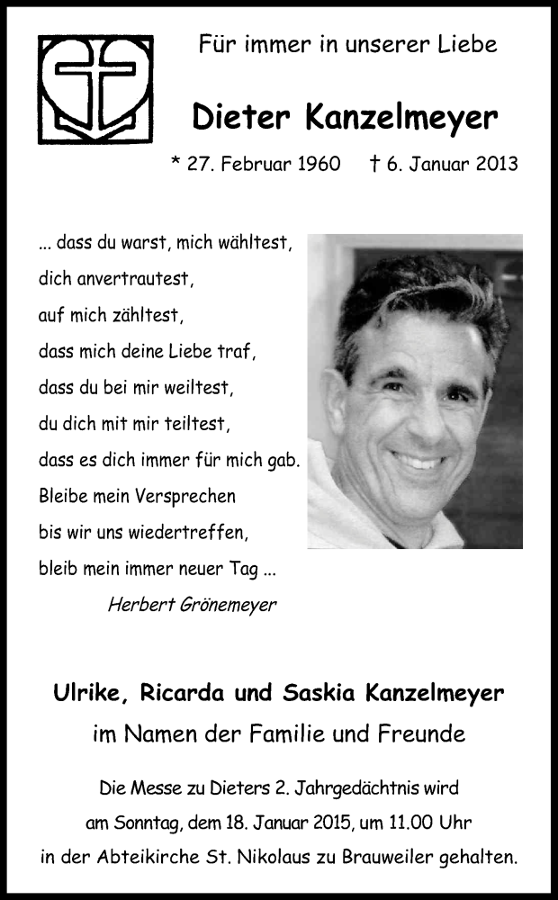  Traueranzeige für Dieter Kanzelmeyer vom 10.01.2015 aus Kölner Stadt-Anzeiger / Kölnische Rundschau / Express