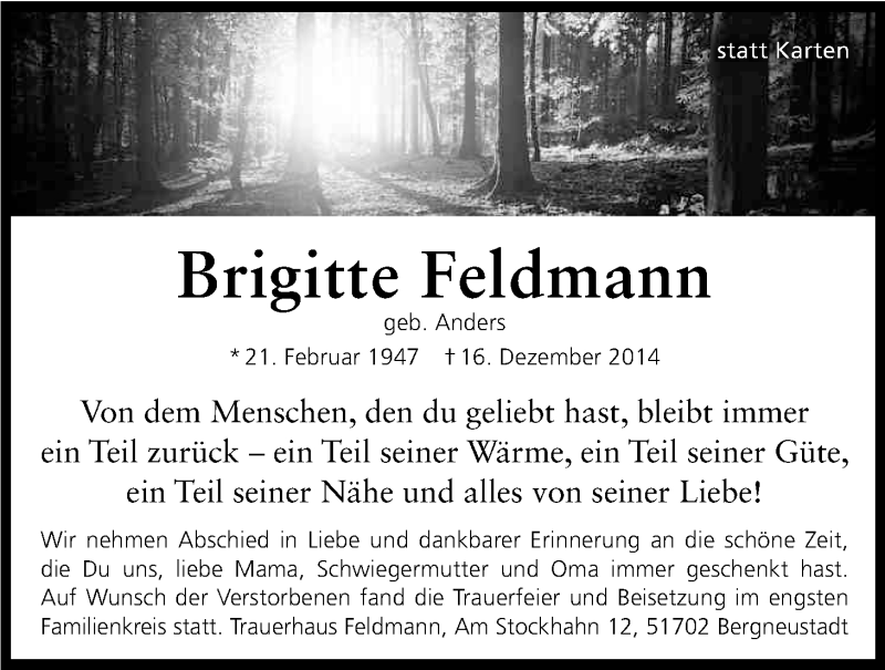  Traueranzeige für Brigitte Feldmann vom 10.01.2015 aus Kölner Stadt-Anzeiger / Kölnische Rundschau / Express