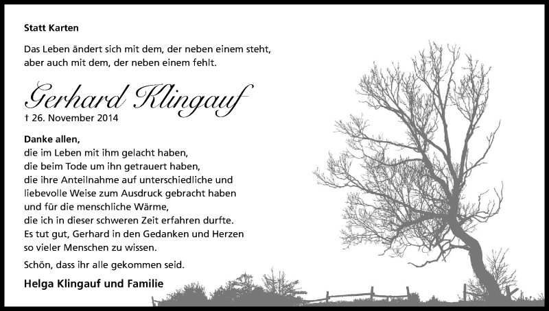  Traueranzeige für Gerhard Klingauf vom 10.01.2015 aus Kölner Stadt-Anzeiger / Kölnische Rundschau / Express