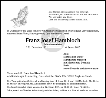Anzeige von Franz Josef Hambloch von Kölner Stadt-Anzeiger / Kölnische Rundschau / Express