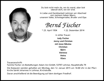 Anzeige von Bernd Fischer von Kölner Stadt-Anzeiger / Kölnische Rundschau / Express