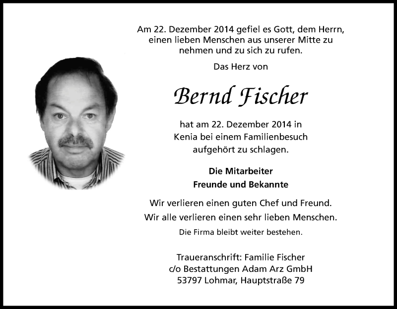  Traueranzeige für Bernd Fischer vom 08.01.2015 aus Kölner Stadt-Anzeiger / Kölnische Rundschau / Express