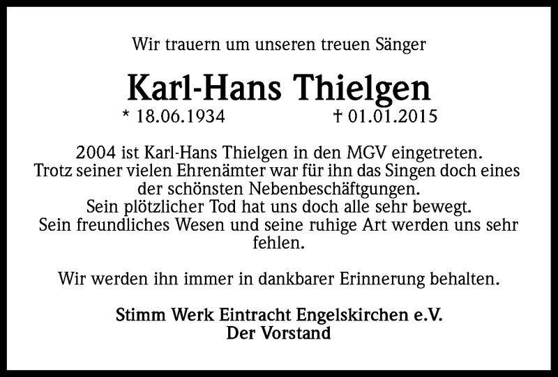  Traueranzeige für Karl-Hans Thielgen vom 08.01.2015 aus Kölner Stadt-Anzeiger / Kölnische Rundschau / Express