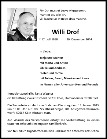 Anzeige von Willi Drof von Kölner Stadt-Anzeiger / Kölnische Rundschau / Express