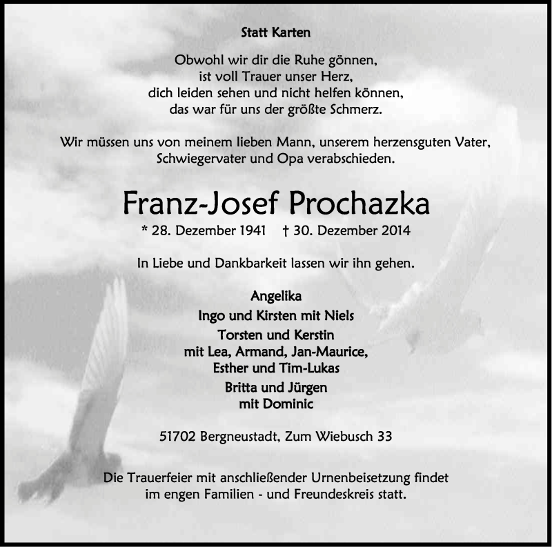  Traueranzeige für Franz-Josef Prochazka vom 08.01.2015 aus Kölner Stadt-Anzeiger / Kölnische Rundschau / Express