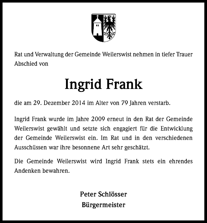  Traueranzeige für Ingrid Frank vom 08.01.2015 aus Kölner Stadt-Anzeiger / Kölnische Rundschau / Express