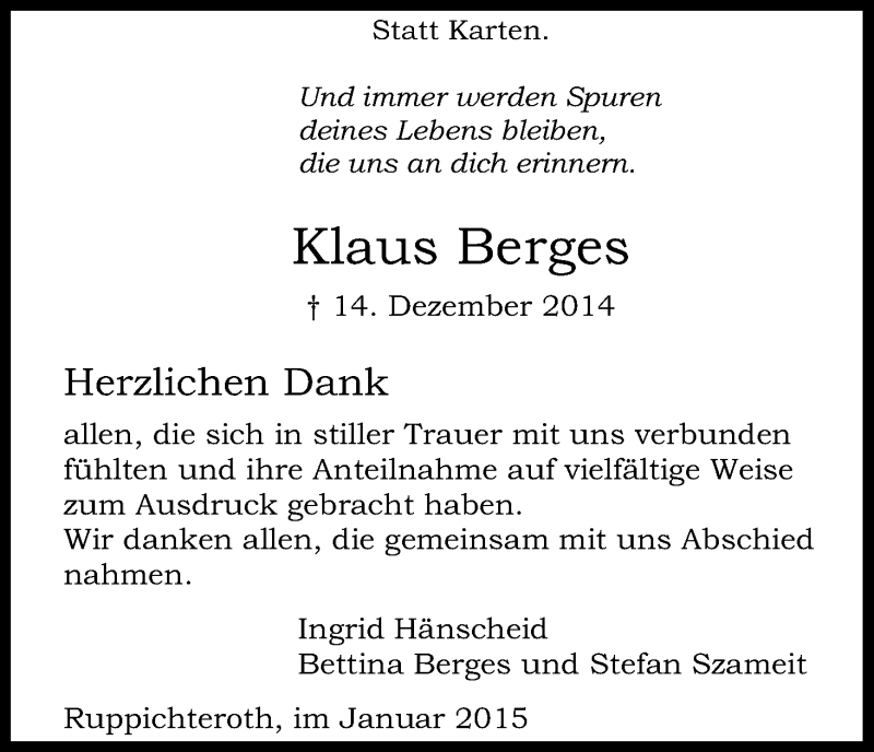  Traueranzeige für Klaus Berges vom 10.01.2015 aus Kölner Stadt-Anzeiger / Kölnische Rundschau / Express