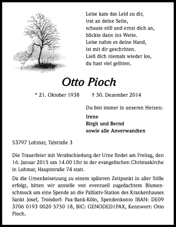 Anzeige von Otto Pioch von Kölner Stadt-Anzeiger / Kölnische Rundschau / Express
