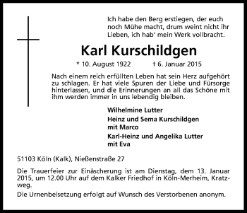 Anzeige von Karl Kurschildgen von Kölner Stadt-Anzeiger / Kölnische Rundschau / Express