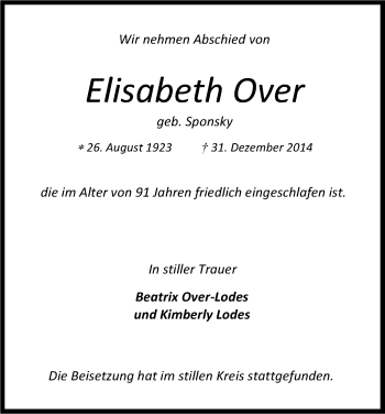Anzeige von Elisabeth Over von Kölner Stadt-Anzeiger / Kölnische Rundschau / Express