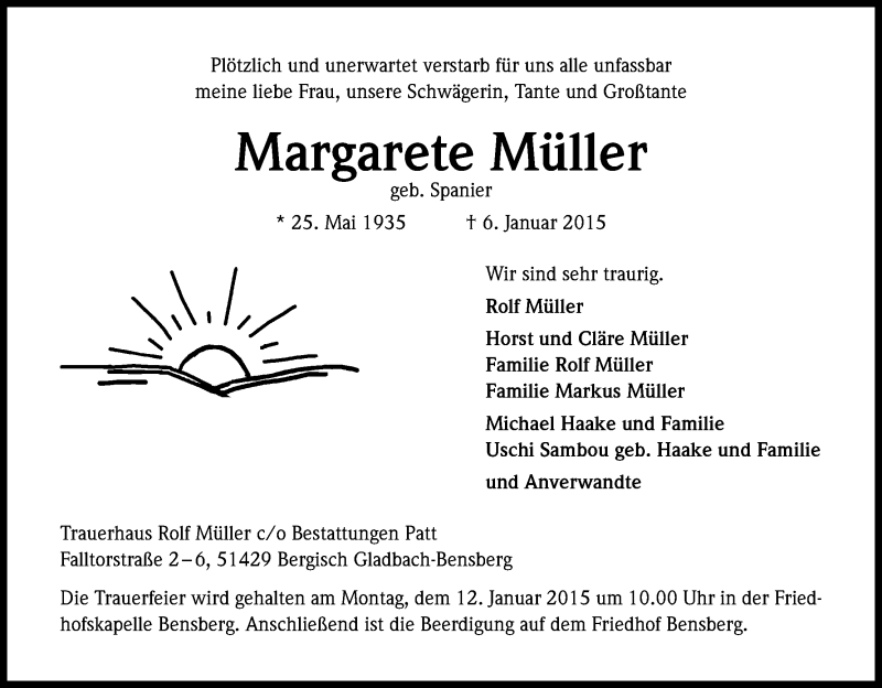  Traueranzeige für Margarete Müller vom 08.01.2015 aus Kölner Stadt-Anzeiger / Kölnische Rundschau / Express
